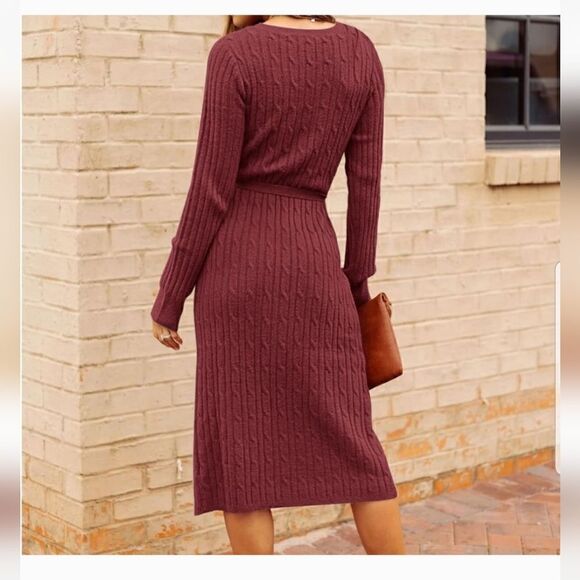 Fall Burgundy MEROKEETY Women's Cable Knit Midi Sweater Dress medium NWOT - Picture 3 of 10